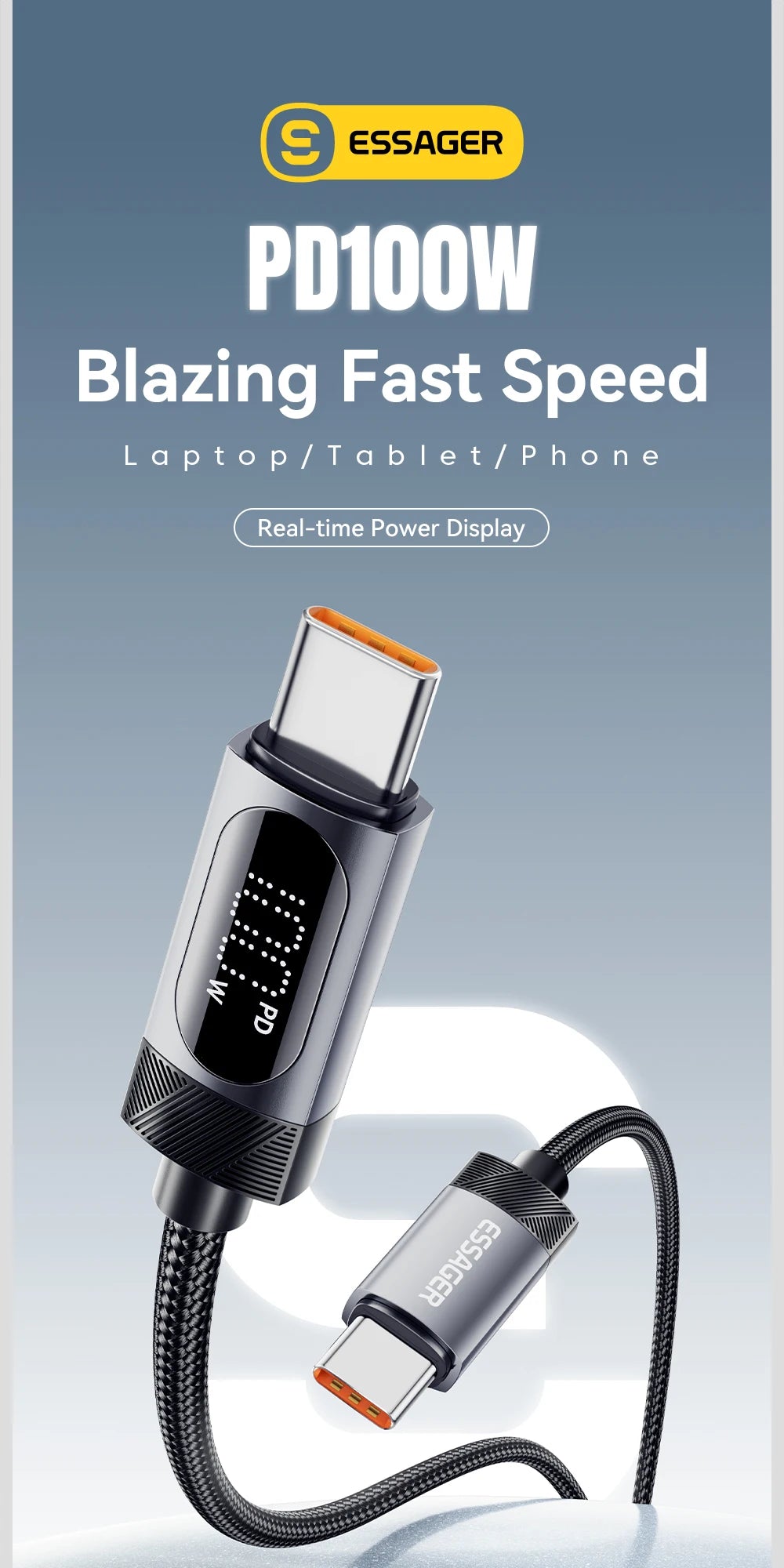 Essager USB-C to USB-C Cable with Digital Display – 100W PD Fast Charging