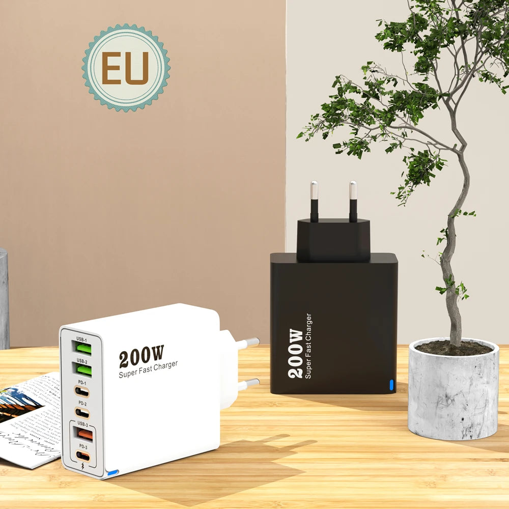 200W 6-Port USB-C Desktop Charger – Super Fast PD3.0 Charging Station