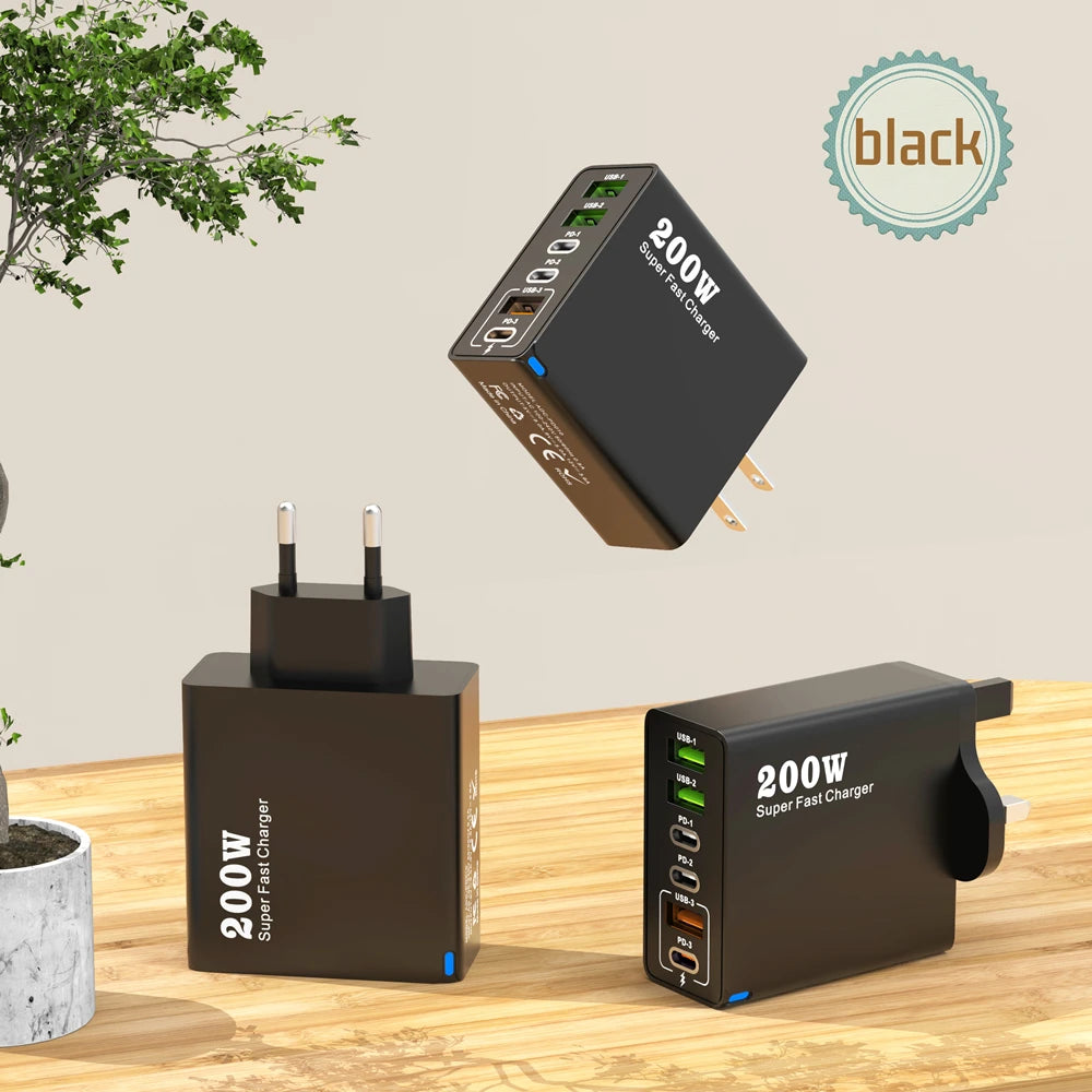 200W 6-Port USB-C Desktop Charger – Super Fast PD3.0 Charging Station