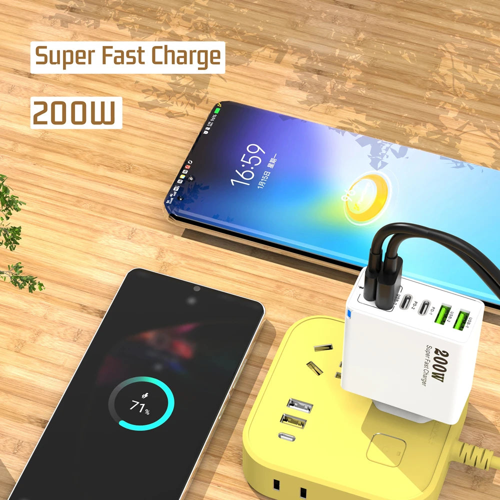 200W 6-Port USB-C Desktop Charger – Super Fast PD3.0 Charging Station