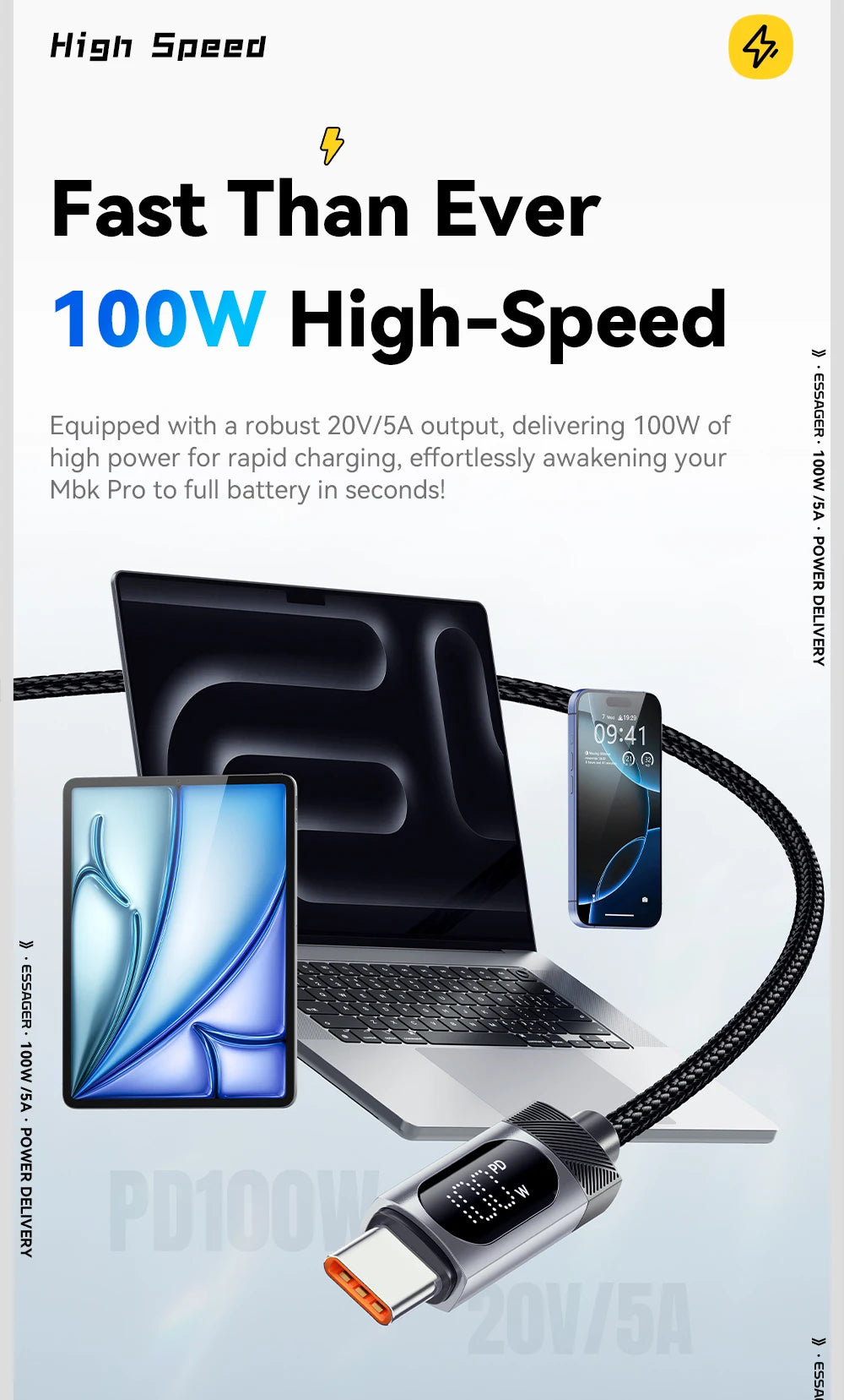 Essager USB-C to USB-C Cable with Digital Display – 100W PD Fast Charging