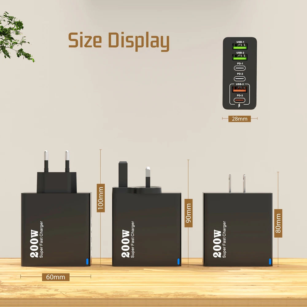 200W 6-Port USB-C Desktop Charger – Super Fast PD3.0 Charging Station