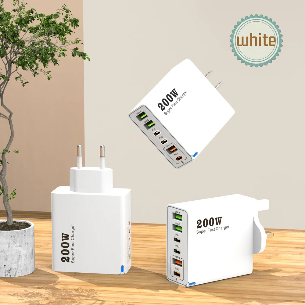 200W 6-Port USB-C Desktop Charger – Super Fast PD3.0 Charging Station