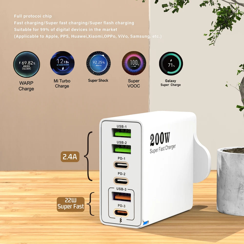 200W 6-Port USB-C Desktop Charger – Super Fast PD3.0 Charging Station