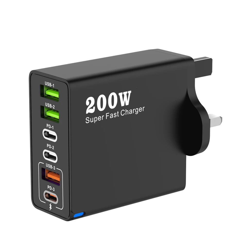 200W 6-Port USB-C Desktop Charger – Super Fast PD3.0 Charging Station