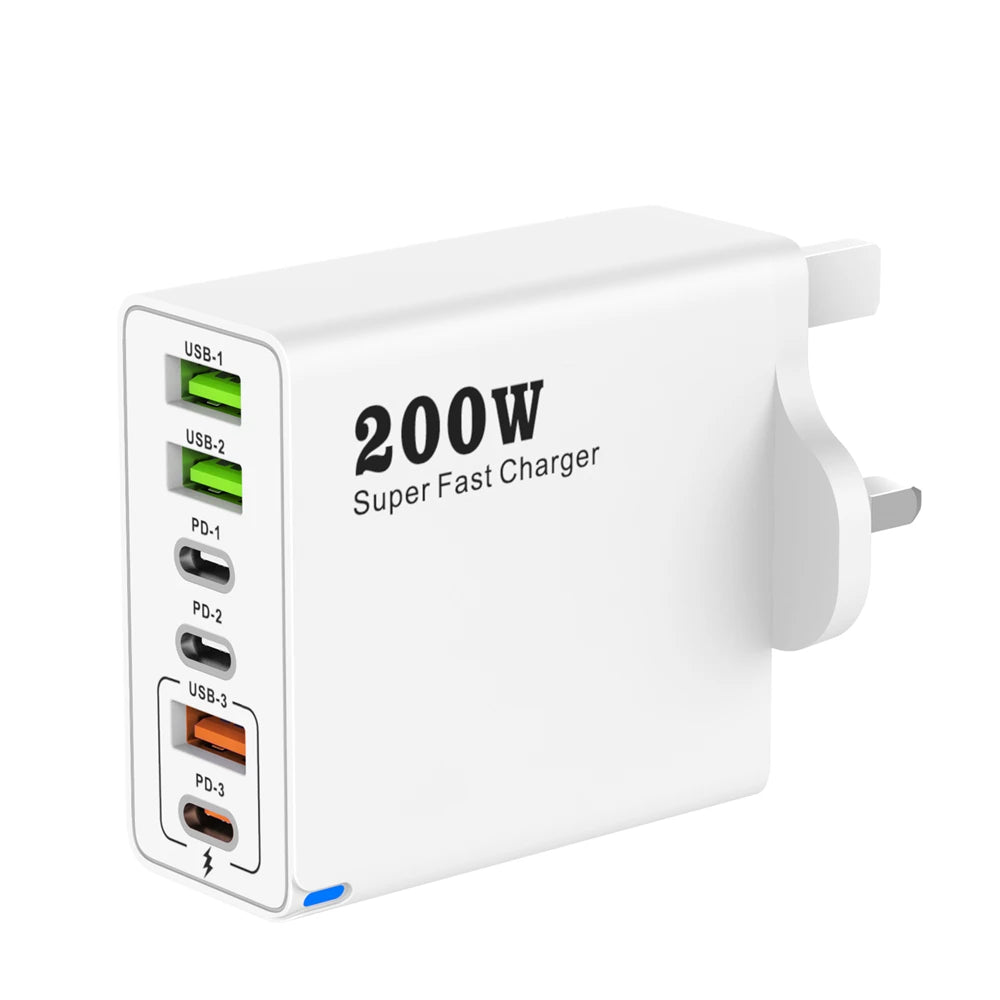 200W 6-Port USB-C Desktop Charger – Super Fast PD3.0 Charging Station