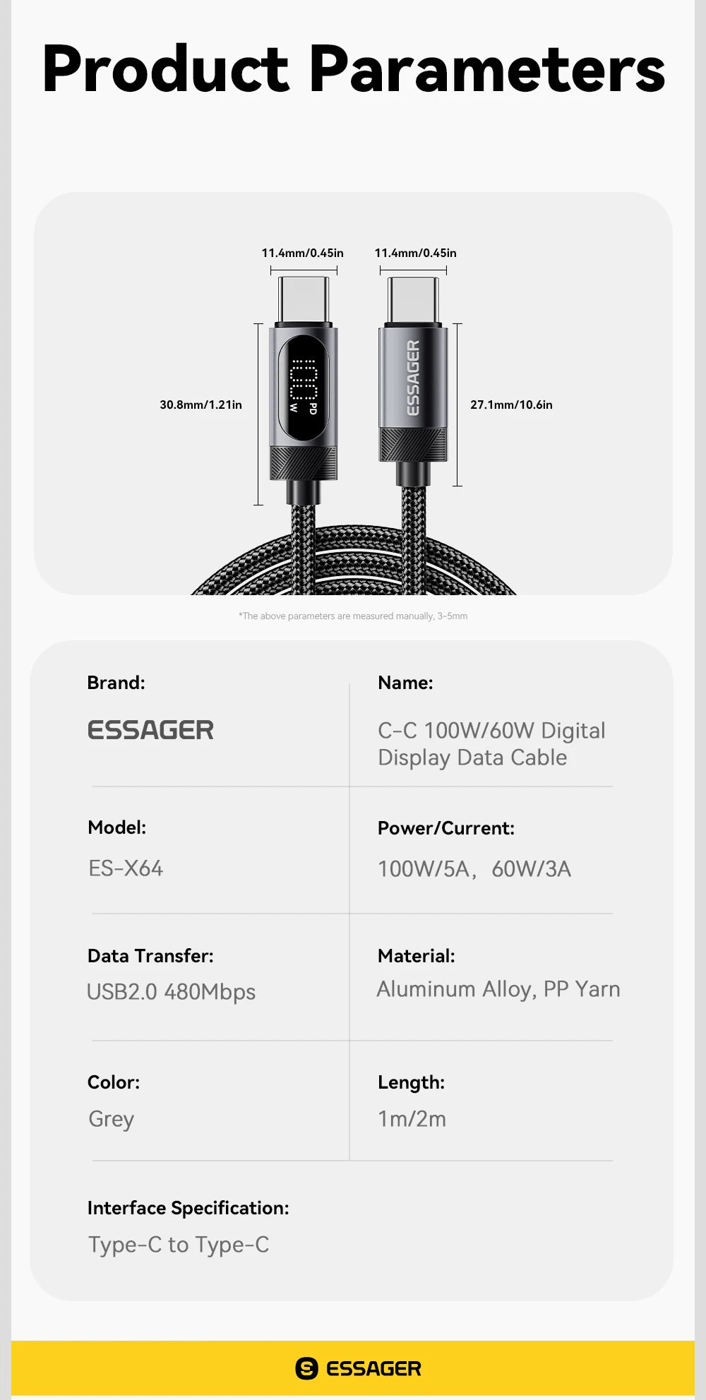 Essager USB-C to USB-C Cable with Digital Display – 100W PD Fast Charging