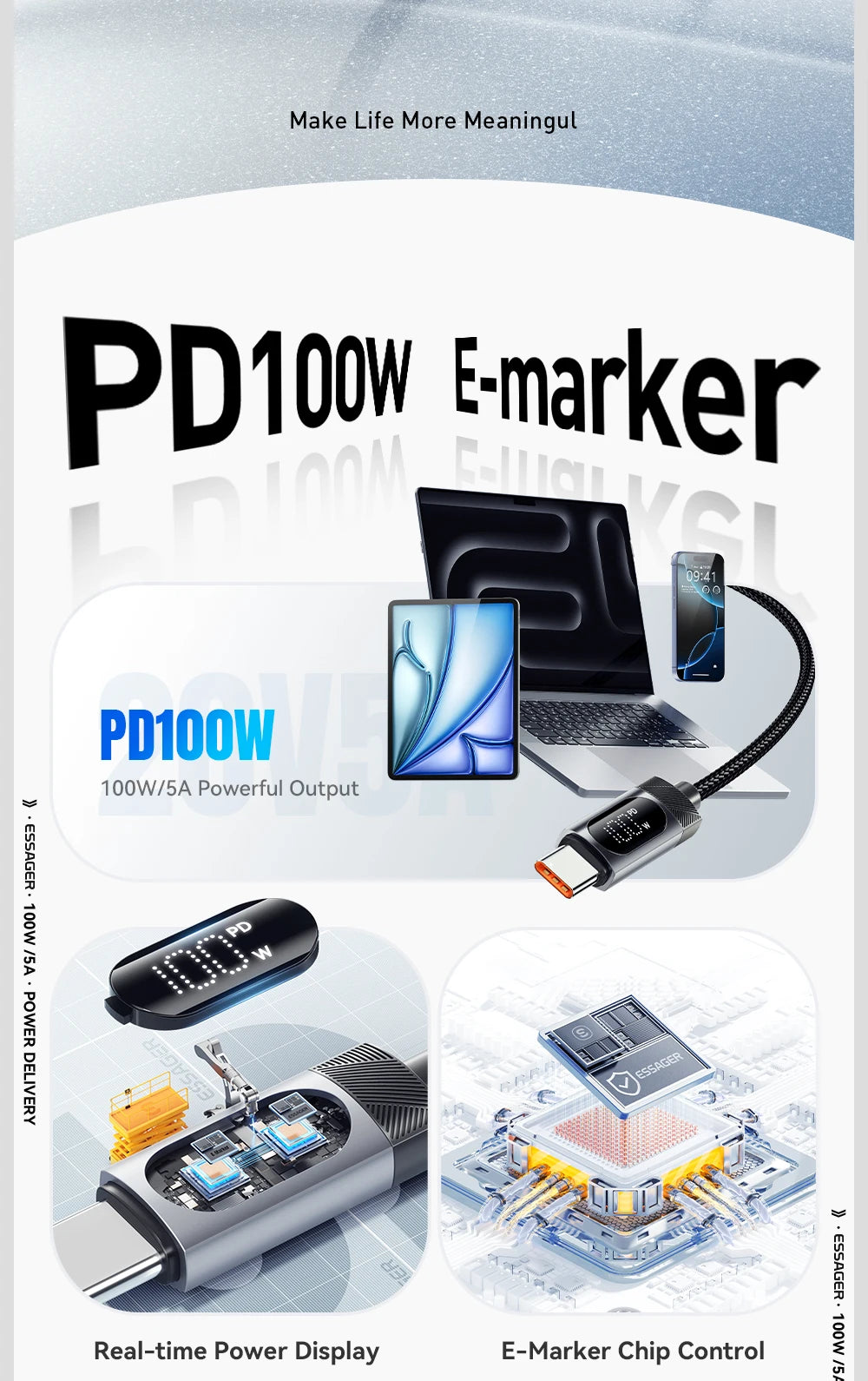Essager USB-C to USB-C Cable with Digital Display – 100W PD Fast Charging